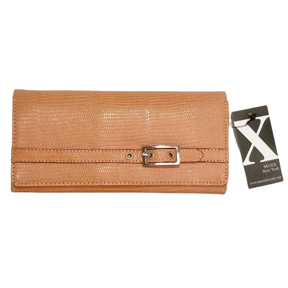 MAXX NY WOMEN'S LARGE FLAP WALLET ORANGE EMBOSSED GENUINE LEATHER (NWT)